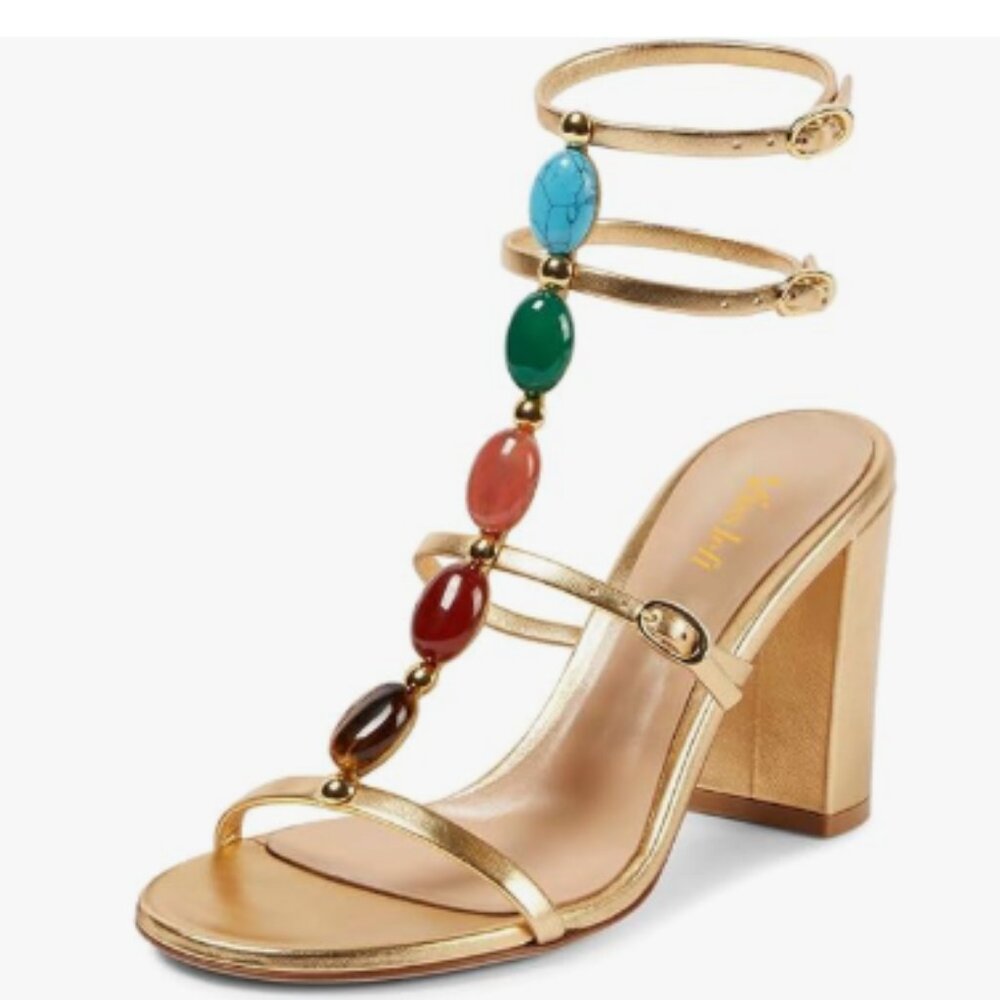 miss left Gold Gorgeous T-Strap Buckled Jewelled Gladiator Open Toe Sandals